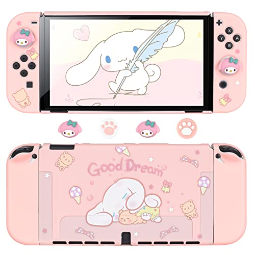 DLseego Protective Case for Switch OLED, Comfortable PC Slim Case Compatible with Nintendo Switch OLED Console and Thumb Grips Cover with 4 Cute Silicone Thumb Grip Caps - Pink(Cloud Dog) - Pink