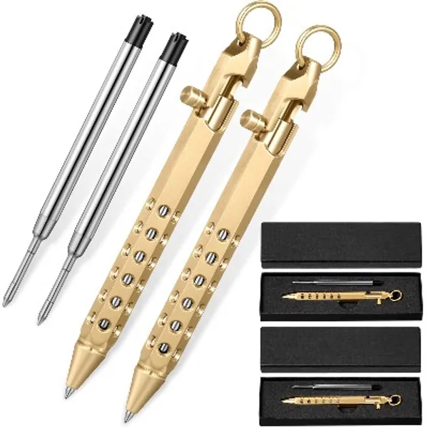 2 Pieces Bolt Action Pen Six-edge Solid Brass Pen, 2 Pieces Pens Refills, Edc Pen Signature Pocket Size Pen with 2 Present Boxes for Christmas, Father's Day, Valentine, Birthday (Brass Color)