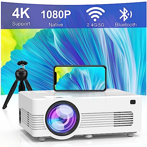 Mini Projector with 5G WiFi and Bluetooth (with Tripod), Native 1080P 4K Supported 12000Lm Outdoor Projector, Portable Movie Projector Compatible with TV Stick, iOS, Android, PS5, HDMI, USB