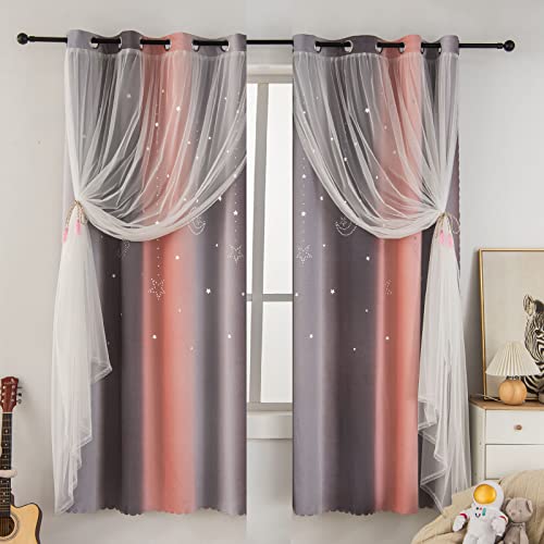 FANLI 2 Panels Star Ombre Rainbow Blackout Curtains for Kid Girls Bedroom Living Room Decor Darkening Moon Double Layer Star Cut Out Stripe Gradient Window Curtain (Pink/Grey, 52WX72L-2PANELS) - 52WX72L-2PANELS - Pink/Grey