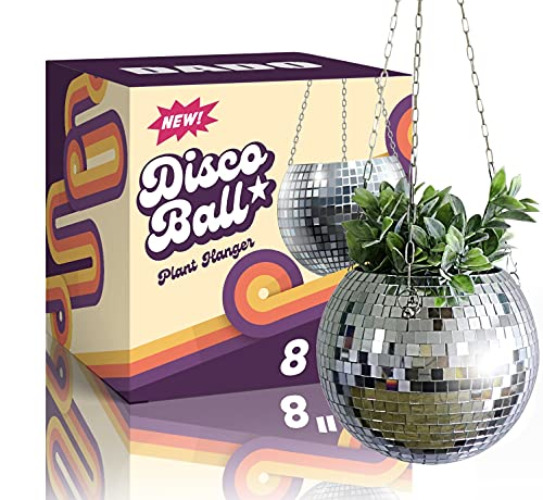DADO Disco Ball Planter - Disco Planter for indoor plants- Disco Ball Plant Hanger - unique plant pots - Boho Disco Ball hanging planter - Planters for indoor plants (Silver, 8") - 8" - Silver