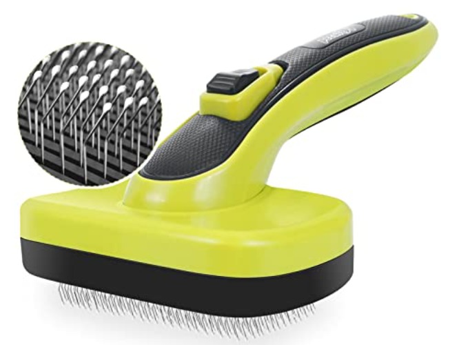 Pecute Slicker Dog Brushes,Self Cleaning Pet Grooming Brush- Removes 90% of Dead Undercoat and Loose Hairs,Rounded Pins Suitable for Small Medium Dogs Cats (Medium, Upgraded Button) - Green, Medium - Upgraded Triangle Button