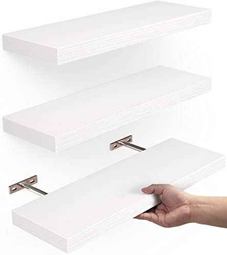 BAYKA Floating Shelves, Wall Mounted Rustic Wood Shelves for Bathroom, Bedroom, Living Room, Kitchen, Small Hanging Shelf for Books/Storage/Room Decor with 22lbs Capacity (White, Set of 3, 16in) - White