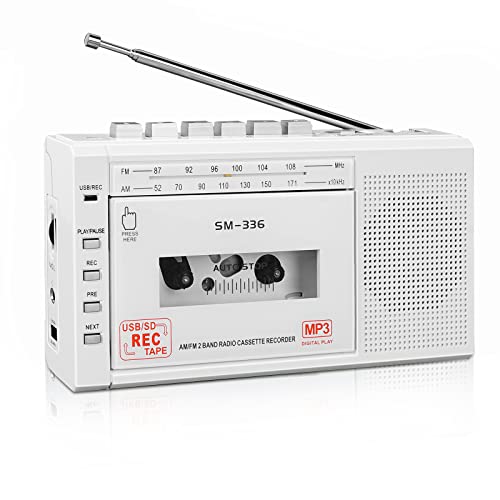 Portable Cassette Player Recorder, Cassette to MP3 Digital Converter via USB or Micro SD Card, Powered by AC or 4 AA Battery AM FM Radio Tape Walkman, Build-in Speaker and Microphone - White
