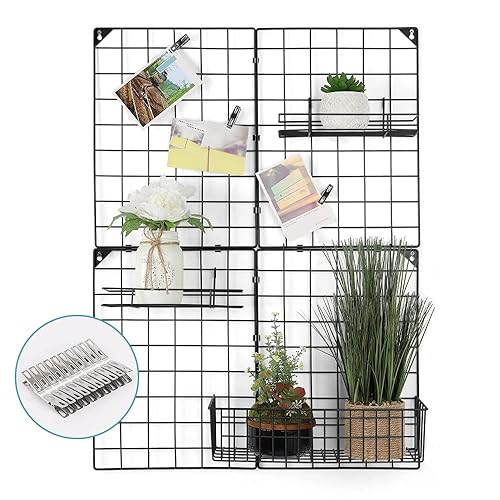 MOOACE Grid Photo Wall with Baskets, Wire Wall Grid Panel 4 Piece, Wall DIY Decor Photo Memo Picture Hanging Display, 32.7'' x 23.8''