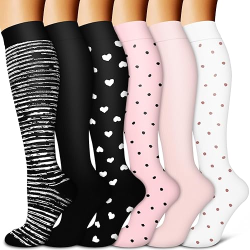 BLUEENJOY Copper Compression Socks for Women & Men (6 pairs) - Best Support for Nurses, Running, Hiking, Recovery - 03 Black/Black/Black/Pink/Pink/White - Small-Medium