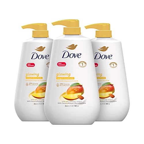 Dove Body Wash with Pump Glowing Mango & Almond Butter 3 Count for Renewed, Healthy-Looking Skin Gentle Skin Cleanser with 24hr Renewing MicroMoisture 30.6 oz - Mango and Almond Butter - 30.60 Fl Oz (Pack of 3)
