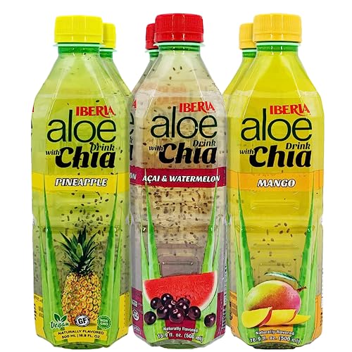 Iberia Aloe Vera Drink with Aloe Pulp and Chia Seeds 16.9 Ounce (Pack of 6) 2 X Watermelon & Acai, 2 x Mango, 2 x Pineapple - Mango