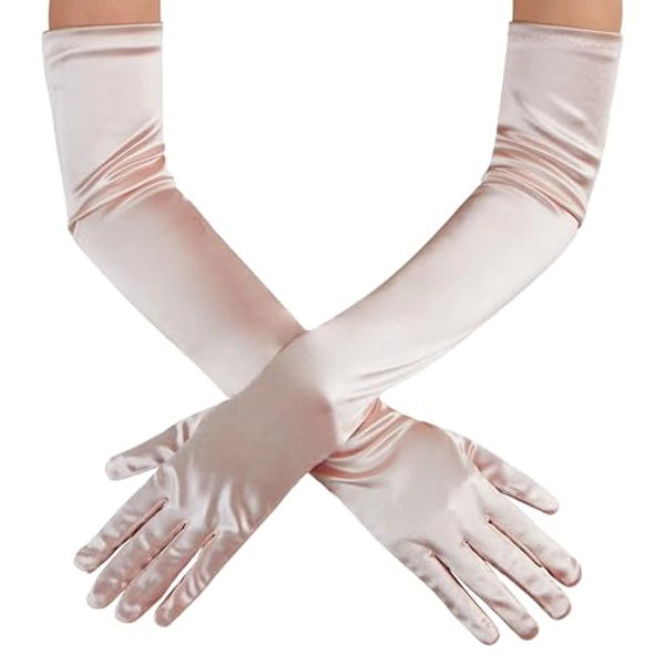 Spooktacular Creations Long Opera Party Gloves 20s Satin Dress Gloves for Women, Silk Gloves Stretchy Adult Size Gloves - Champagne