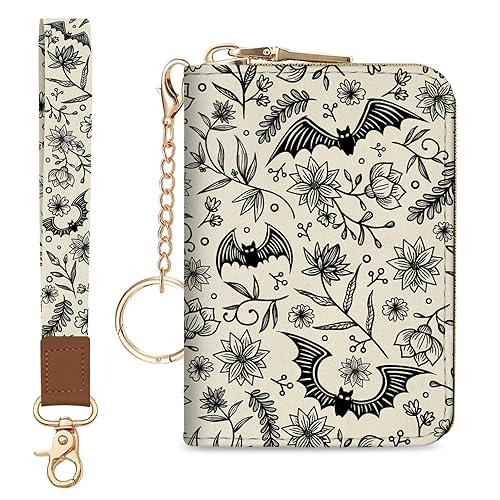 Blusabaca Credit Card Holder for Women, Goth Small RFID Blocking Wallet with Wristlet Strap, Gothic Zipper Keychain Women Wallet, Leather Card Case, Accordion Card Wallet Purse with Key Lanyard - Wristlet Goth