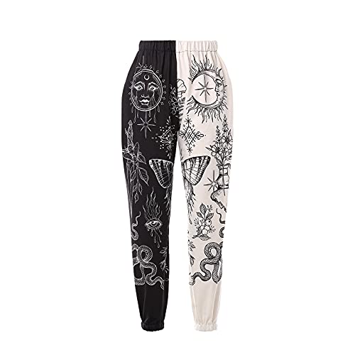 Amuver Women's Boho Hippie Harem Pants High Smocked Waist Printed Patchwork Sweatpants Yoga 90S Goth Baggy Casual Trousers - Medium - White/Black