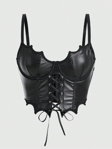 ROMWE Goth Top Curto Corselet com Bojo e Tecido de PU com Borda de Morcego para Mulheres