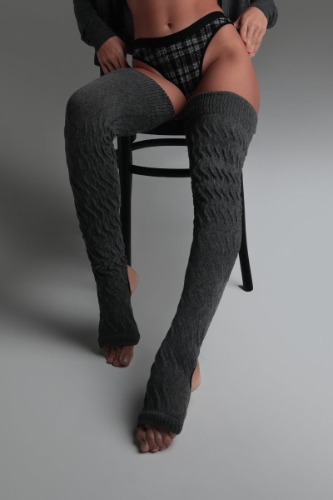 Rolling Cable Knit Thigh High Leg Warmers with Stirrups - Charcoal | Charcoal / Size 3
