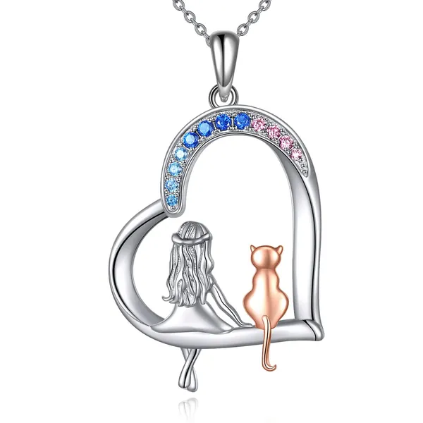 Women Necklace Sterling Silver Dragon and Girl/Horse and Girl/ Elephant and Sloth/Dragon and Unicorn/Horse and Panda Pendant Necklace Jewelry Gifts for Women Teen Girls - Silver gilr and cat necklace