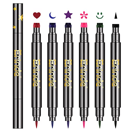 6Pcs Erinde Double-headed Liquid Eyeliner Stamp Pen Set, Eye Liners for Women, Eyeliner Pencil Black Eye Liner Stencil, Eyeliner Tattoo Tool, Eyeliner Stamp Shapes Star, Heart,Flower - 6PCS COLOR STAMP EYELINER