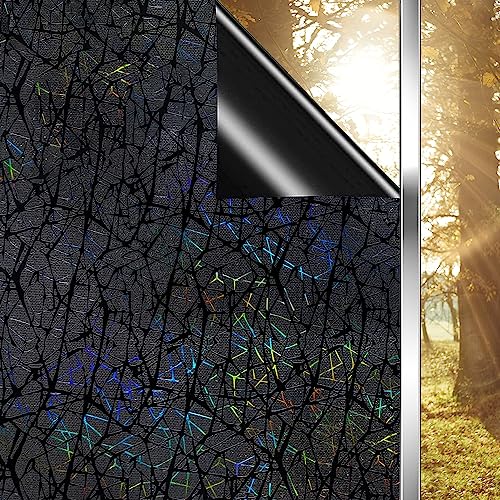 Qualsen Total Blackout Window Film Privacy,3D Black Stained Glass Window Film Opaque Non-adhesive Static Cling Frosted Window Films UV Protection Glass Film 100% Light Blocking (90 X300cm) - 90*300CM - Black