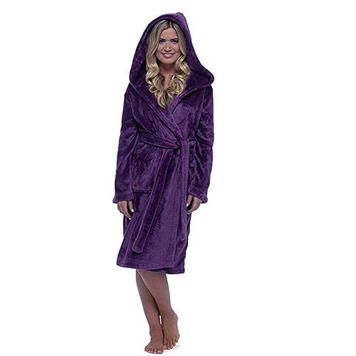 iQKA Women Winter Plush Shawl Bathrobe Plus Size Soft Home Clothes Long Sleeve Hooded Robe Robe Coat with Belt S-5XL - 4X-Large - Z-purple