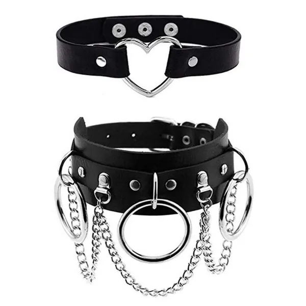 MJartoria Gothic Jewelry-Goth PU Leather Choker Necklaces for Women-Heart Punk Rock Adjustable Black Collar Choker Necklaces Birthday Gifts - A-2Pcs-black heart+circle