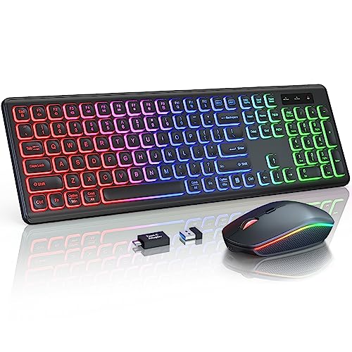 Wireless Keyboard and Mouse Combo - RGB Backlit, Rechargeable & Light Up Letters, Full-Size, Ergonomic Tilt Angle, Sleep Mode, 2.4GHz Quiet Keyboard Mouse for Mac, Windows, Laptop, PC, Trueque - Black