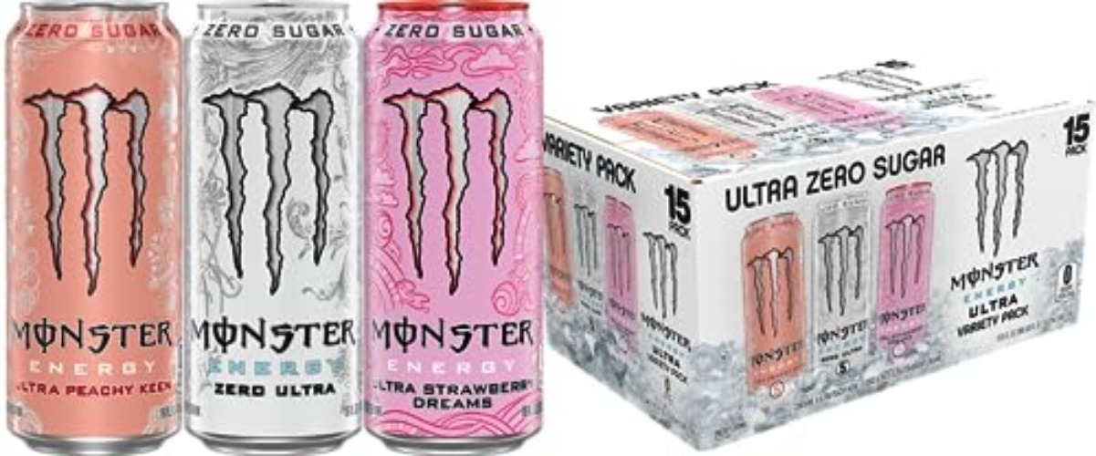 Monster Energy Ultra Variety Pack, Zero Ultra, Ultra Peachy Keen, Ultra Strawberry Dreams, Sugar Free Energy Drink, 16 Ounce (Pack of 15) - Peach, Citrus, Strawberry - 16 Fl Oz (Pack of 15)