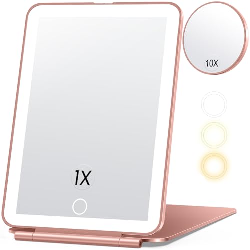 miroposs Rechargeable Travel Makeup Mirror, Vanity Mirror with 80LEDs, 3 Color Lighting, 2000mAh Battery, Portable Ultra Slim Lighted Makeup Mirror, Gift for Women (Rose Gold) - Rose Gold