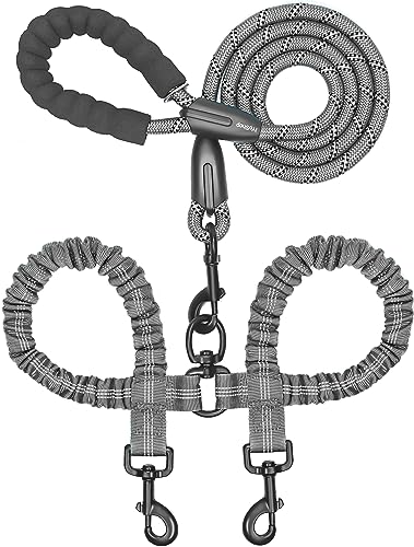 iYoShop Dual Dog Leash, Double Dog Leash, 360 Swivel No Tangle Walking Leash, Shock Absorbing Bungee for Two Dogs, Grey, Large (25-150 lbs) - Large - Grey
