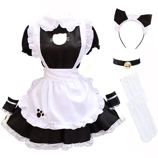 GRAJTCIN Womens Plus Size Maid Outfit Cat Ear Anime Cosplay Dress Halloween Costume with Apron - Medium Black 02