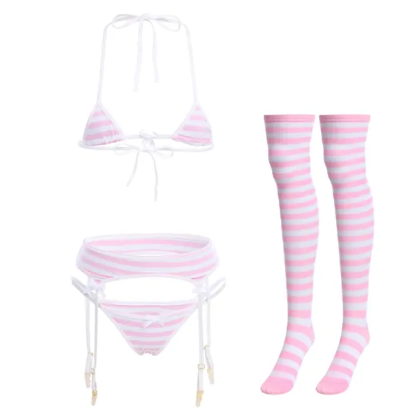 Women Cute Kawaii Anime Lingerie set Halter Strap Micro Bra Tiny Panty Garter Belt Striped Stockings 4Pcs Underwear - One Size Pink