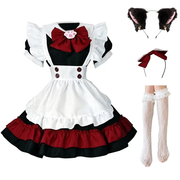 Xunguo Maid Outfit Cosplay French Maid Apron Anime Lolita Dress Cat Girl Cosplay Halloween Maid Costume for Women - Large