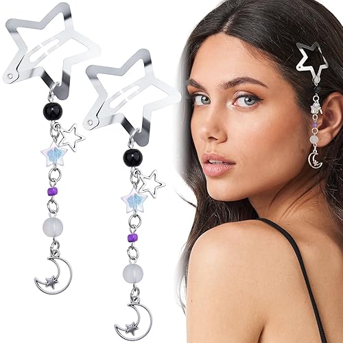 Pndeyo 2pcs Star Tassels Hair Clips for Women, Non-Slip 2000s Y2k Hair Snap Barrettes, Cute Moon Beaded Pendant Hair Pin Accessories for Braid Long Short Thin Thick Hair- Silver - Silver