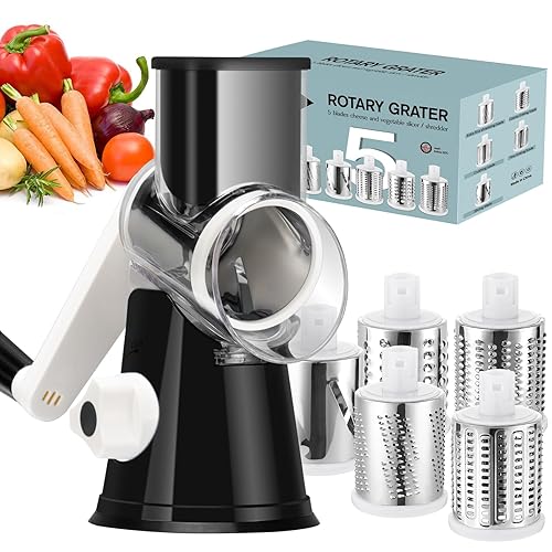 Ourokhome Rotary Cheese Grater Hand Crank, Kitchen Shredder Speed Mandolin Slicer Ice Shaver with Handle and Drum Blades for Cheese, Vegetable, Nuts, Chocolate, Potato, Carrot, 5 Blades, Black - 5 blade - Black