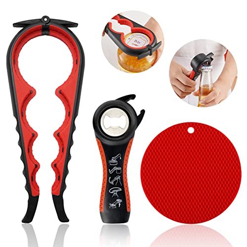 Jar Opener for Weak Hands, Easy Twist Jar Opener For Seniors with Arthritis, 5 in 1 Multi Function Bottle Opener Lid Opener For Arthritic Hands with Non Slip Rubber Jar Gripper Pad(3-piece set, Red) - 3-piece set - Red