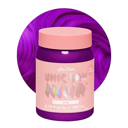Lime Crime Full Coverage Unicorn Hair Dye, Pony (Violet Purple) - Damage-Free Semi-Permanent Hair Color Conditions & Moisturizes - Temporary Hair Tint Kit Has A Sugary Citrus Vanilla Scent - Vegan - Pony (Violet Purple)