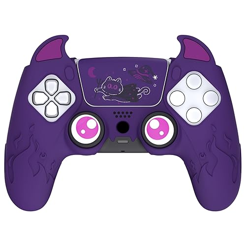 PlayVital Halloween Cute Demon Controller Silicone Case for ps5, Kawaii Controller Cover Gamepad Skin Protector for ps5 with Touch Pad Sticker & Thumb Grip Caps - Purple - Purple