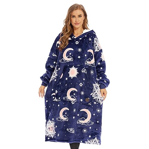 THREE POODLE Wearable Blanket Hoodie, Glow in The Dark Oversized Hoodie Blanket, Sherpa Hooded Blanket Sweatshirt for Adults Women Men Kids, Cozy Gifts - Luminous Blue Star - Adult-Extra Long