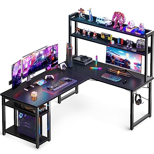 ODK L Shaped Gaming Desk with Hutch, Computer Desk with Storage Shelves, 59" L Shaped Desk for Home Office, Corner Desk with Headphone Hook, Black - Black - 59 Inch