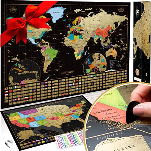 Two Scratch Off Maps - Map of the World (Large) + US States Map (Small) - Deluxe Scratch-Off Travel Posters for Adults, Kids - Made in Europe - Yellow