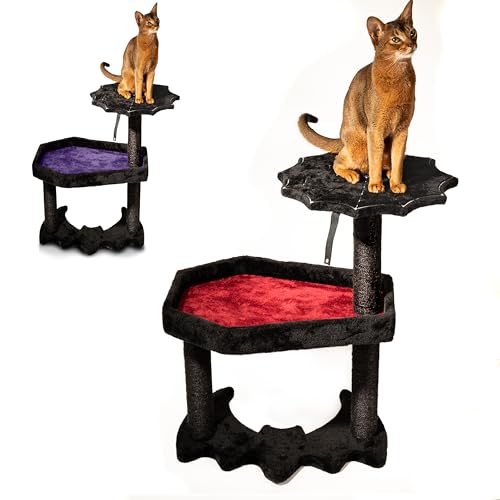 Gothic Cat Tree with Coffin Cat Bed, Gothic Cat Tower, Coffin cat Tree with Sisal Scratching Posts for Halloween cat, Large size, Black with Red Littlesy - Large - Black and Red