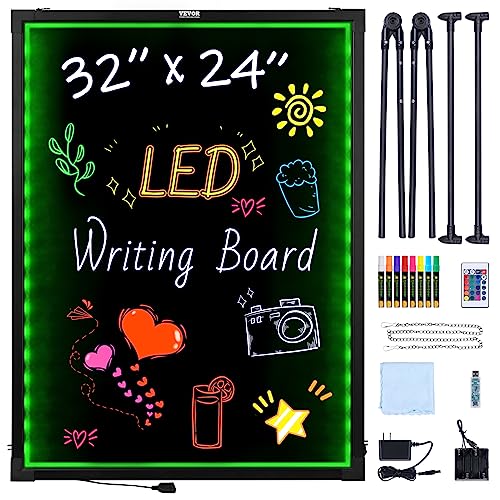 VEVOR LED Message Writing Board, 32"x24" Illuminated Erasable Lighted Chalkboard, Neon Effect Menu Sign Board, Drawing Board with 8 Fluorescent Chalk Markers and Remote Contro Tested to UL Standards