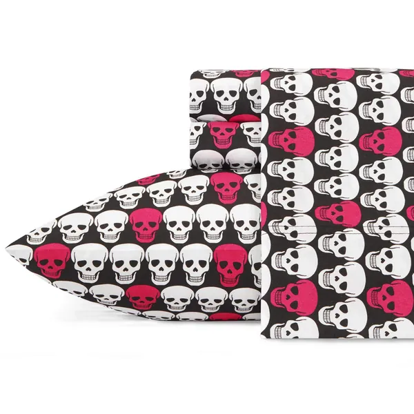 Betsey Johnson Performance Collection Bed Sheet Set-Lightweight, Breathable, Temperature Regulating Fabric. Super Soft, Easy Care Seasons, Queen, Skulls