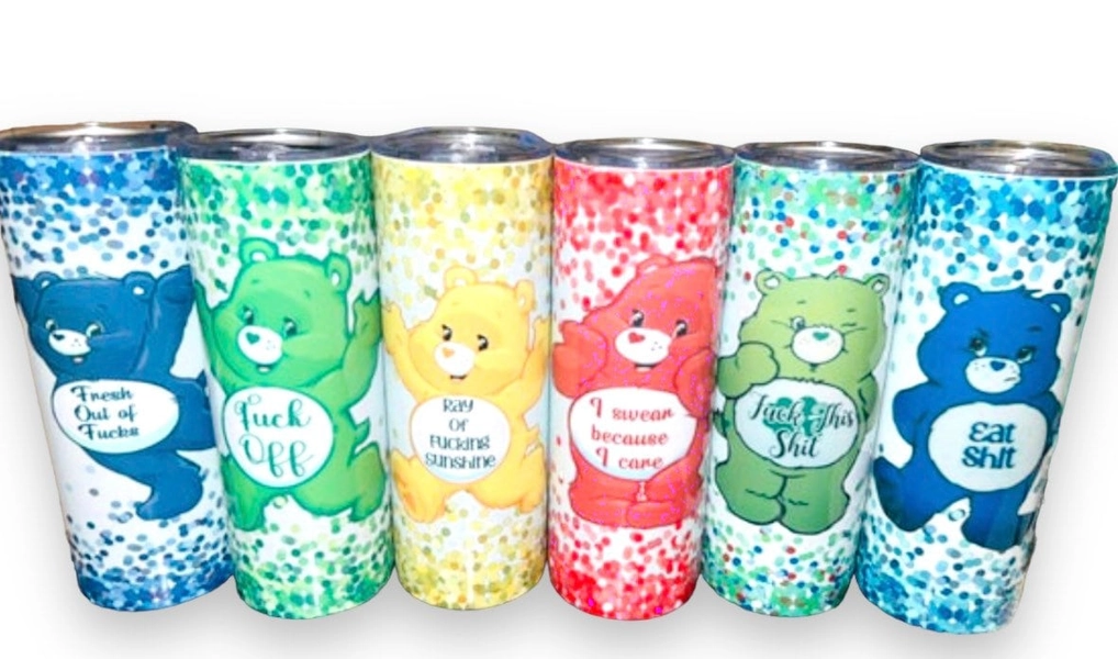 Swear Bear Care Bear Tumblers - 20 oz - funny gift for friends and family! Tumbler with lid and straw! Nostalgic Care Bears!!!