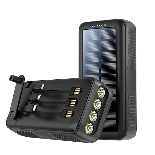 boogostore Solar Charger Power Bank 63200mAh, Portable Charger with Dual Outputs & Dual Inputs 4 LEDs Flashlight, Hand Crank Power Bank Fast Charging Battery Pack for Outdoor Camping Survival Gear - Black
