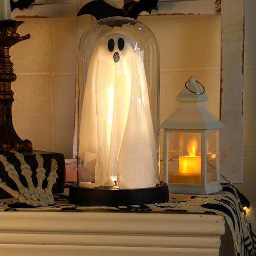 Halloween Decor-Halloween Decorations Indoor-Light Up Ghost in Glass Cloche-Cute Ghost with Light for Home Kitchen Mantel Tabletop Party Decor and Holiday Decorations