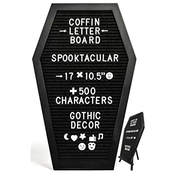 Nomnu Black Felt Coffin Letter Board - Gothic Decor Message Board for Halloween Decorations - 17x10.5 Inches, 500 White Changeable Characters, Wooden Stand. Spooky Halloween Decor Letterboard