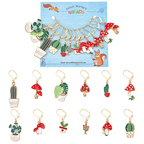 NBEADS 12 Pcs Plant Stitch Markers, Cactus Leaf Mushroom Alloy Enamel Crochet Stitch Marker Charms Locking Stitch Marker DIY Handmade Gift for Knitting Weaving Accessories Quilting Handmade Jewelry - Cactus/Leaf/Mushroom