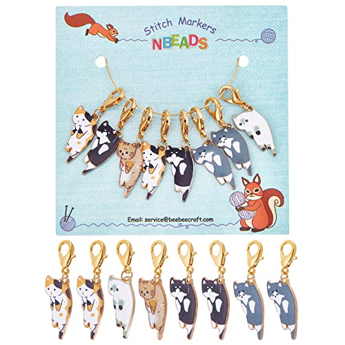 NBEADS 8 Pcs Cat Stitch Markers, Alloy Enamel Crochet Stitch Marker Charms Locking Stitch Marker with Lobster Claw Clasps for Knitting Weaving Sewing Accessories Quilting Jewelry Making - Cat Theme