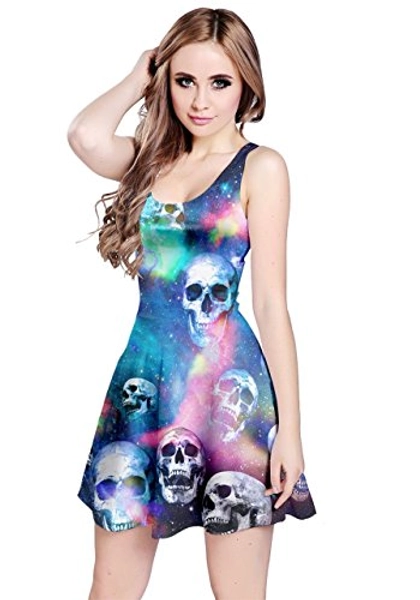 CowCow Womens Party Mini Dress Grunge Skulls Pattern Gothic Sleeveless Skater Dress, XS-5XL