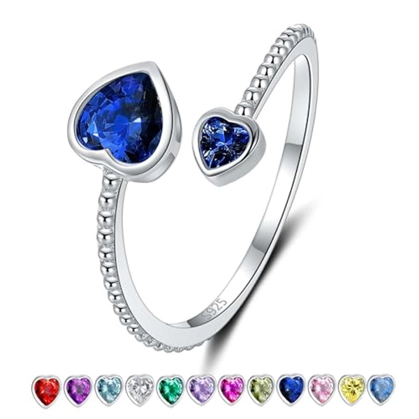 Step Forward Girls Ring 925 Sterling Silver Birthstone Rings for Women - Adjustable Open Heart Ring Constellation Month Band for Teen Girls Daughter Birthday Gifts Jewelry