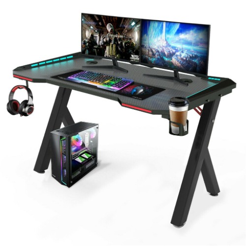 120cm Large Gaming Desk Computer Table with RGB Lights Cup Holder Headphone Hook