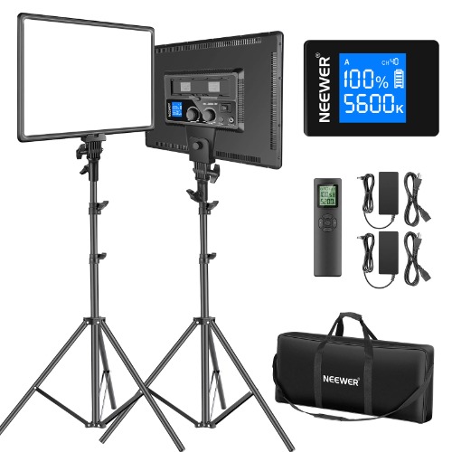 Neewer 18" Led Video Light Panel Lighting Kit with Remote, 2-Pack 45W Dimmable Bi-Color +Light Stand, 3200K–5600K Soft Light CRI 97+ 4800Lux for Game/Live Streaming /YouTube/Photography - 